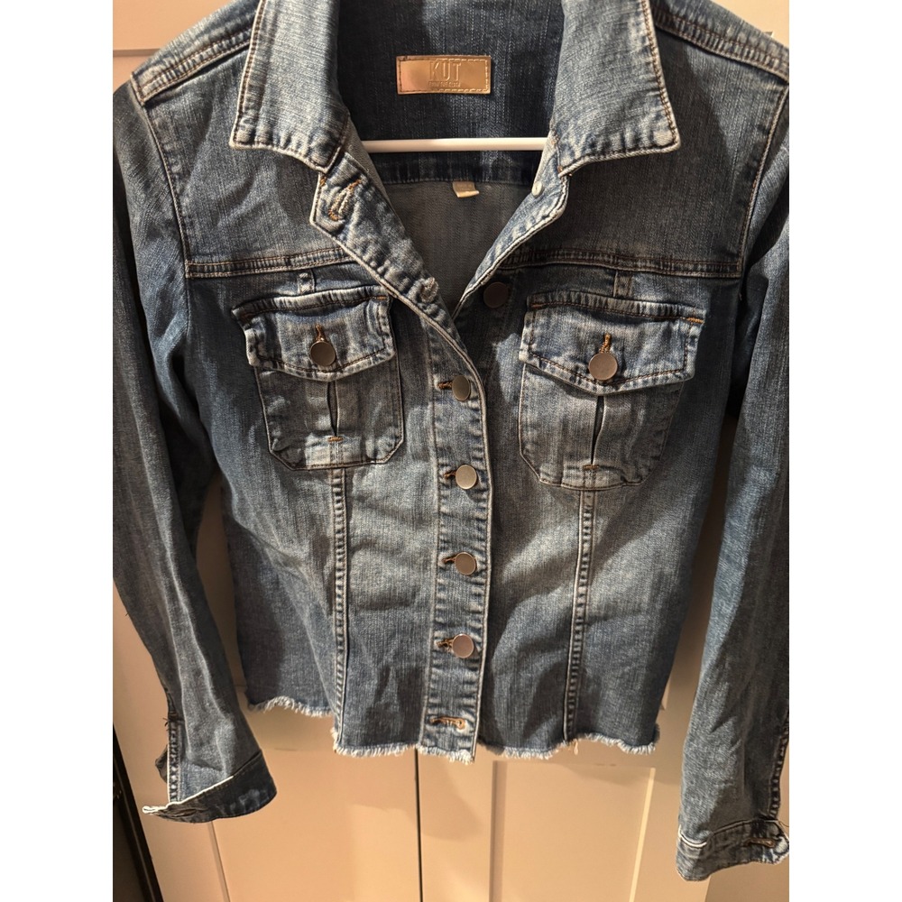 KUT from the Kloth Womens Blue Denim Jacket Frayed Hem Button Front Size S